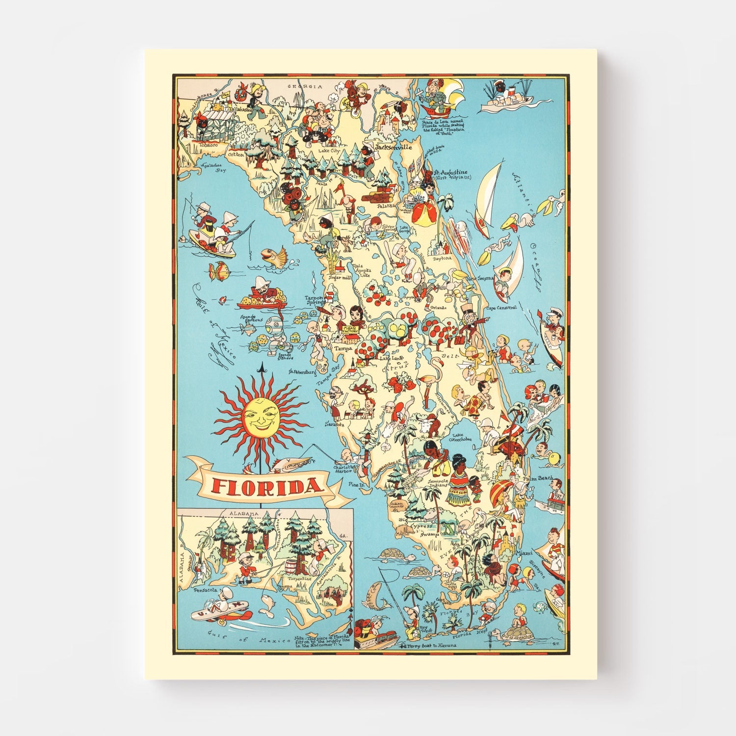 Vintage-style map of Florida with colorful illustrations and a large sun emblem, displayed on a white background.