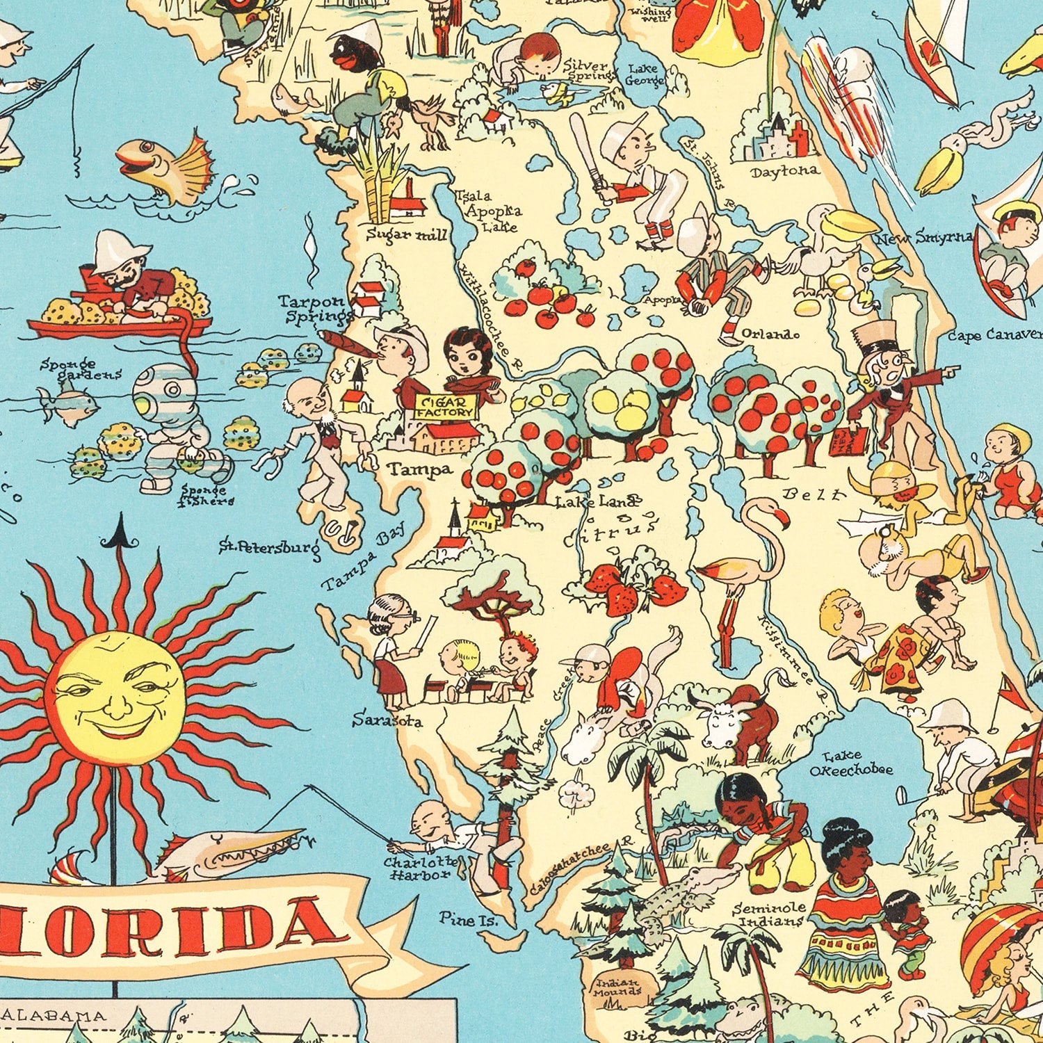 Close-up of a vintage-style map of Florida with colorful illustrations and a large sun emblem. It shows cartoon characters, animals, and plants scattered across Florida.