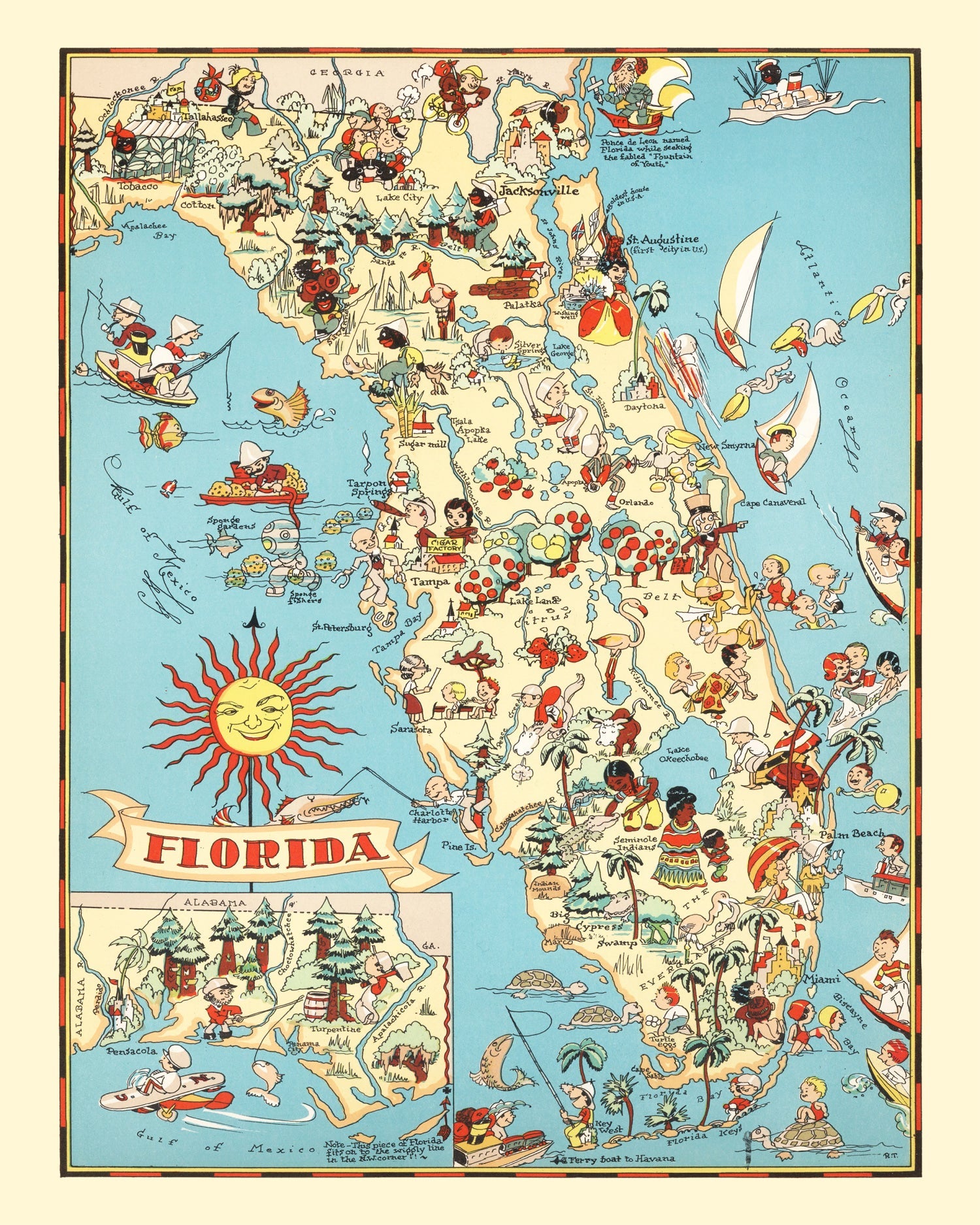 Vintage-style map of Florida with colorful illustrations and a large sun emblem.