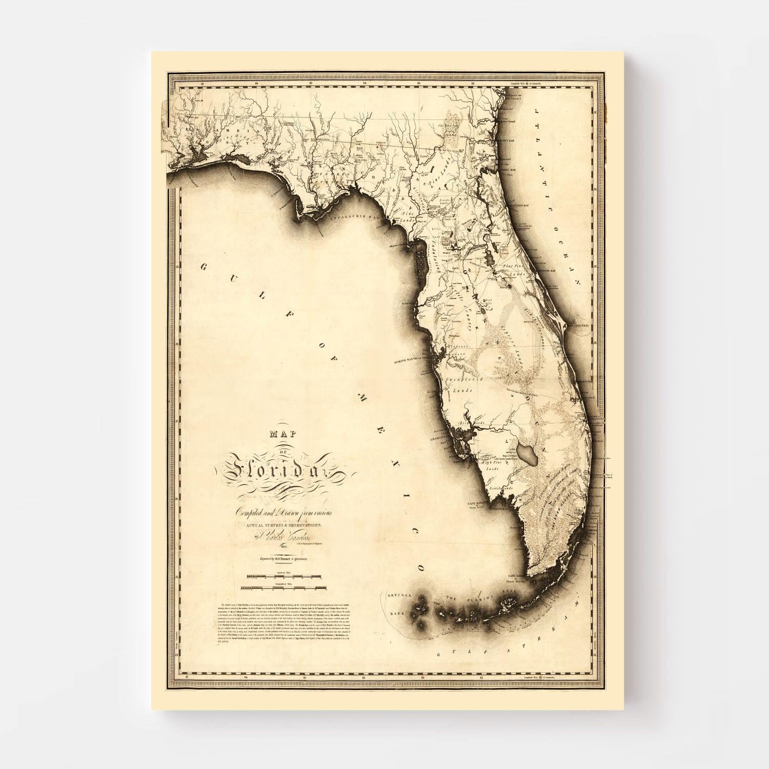 Vintage map of Florida with topographic details and a cream-colored background, displayed on a white background.