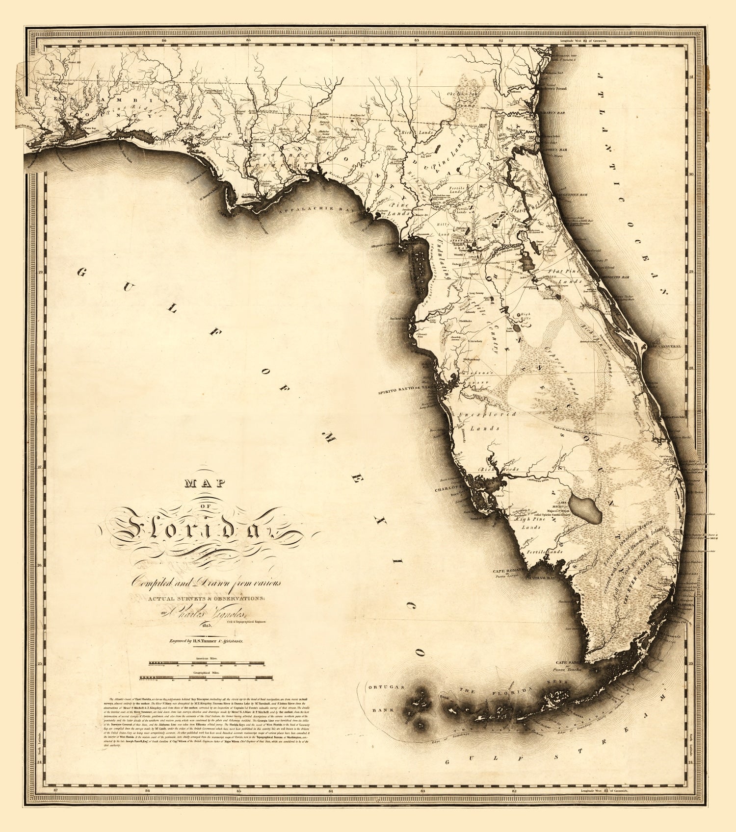 Vintage map of Florida with topographic details and a cream-colored background.