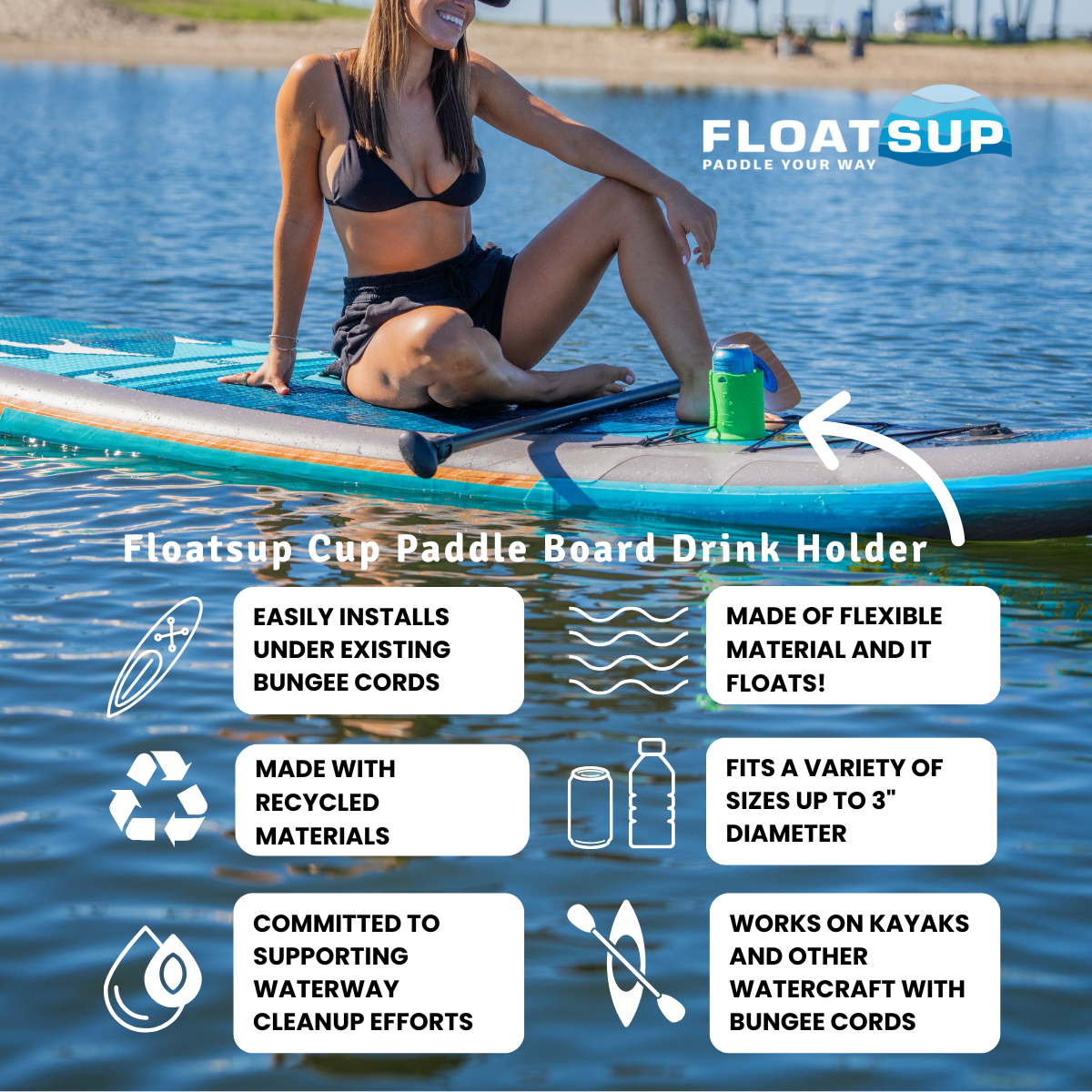 Woman sitting on a paddleboard with a green Floatsup Cup Paddle Board Drink Holder on top. The Floatsup logo is shown, as well as product details: Easily installs under existing bungee cords, made with recycled materials, committed to supporting waterway cleanup efforts, made of flexible material and it floats, fits a variety of sizes up to 3 inch diameter, works on kayaks and other watercraft with bungee cords.