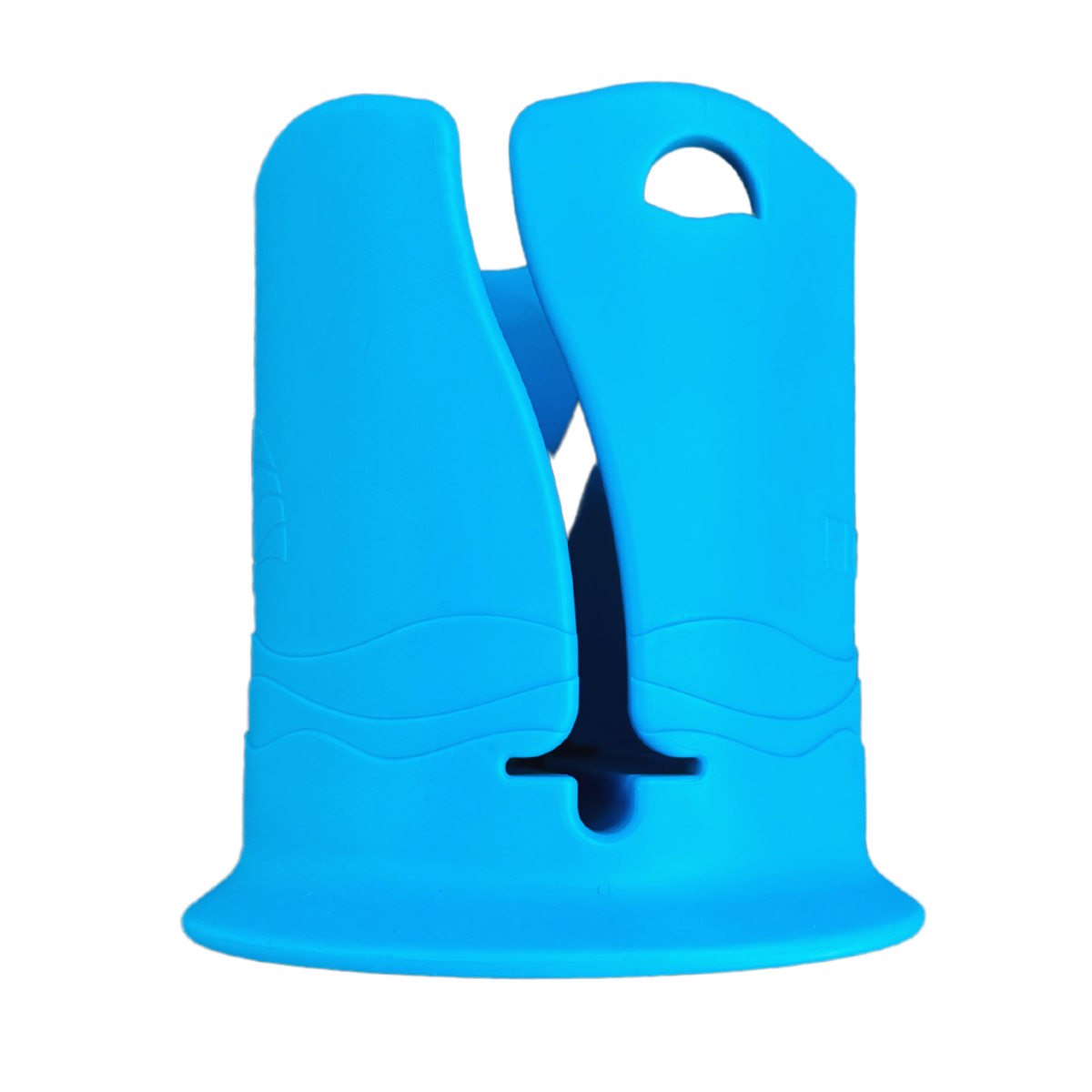 Large bright blue plastic cup holder in front of a white background. It has a groove in the side for attaching it to a paddleboard or boat.