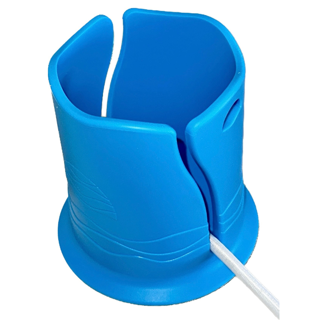 Bright blue plastic cup holder in front of a white background. It has a groove in the side for attaching it to a paddleboard or boat, with a white bungee cord shown inside the groove.