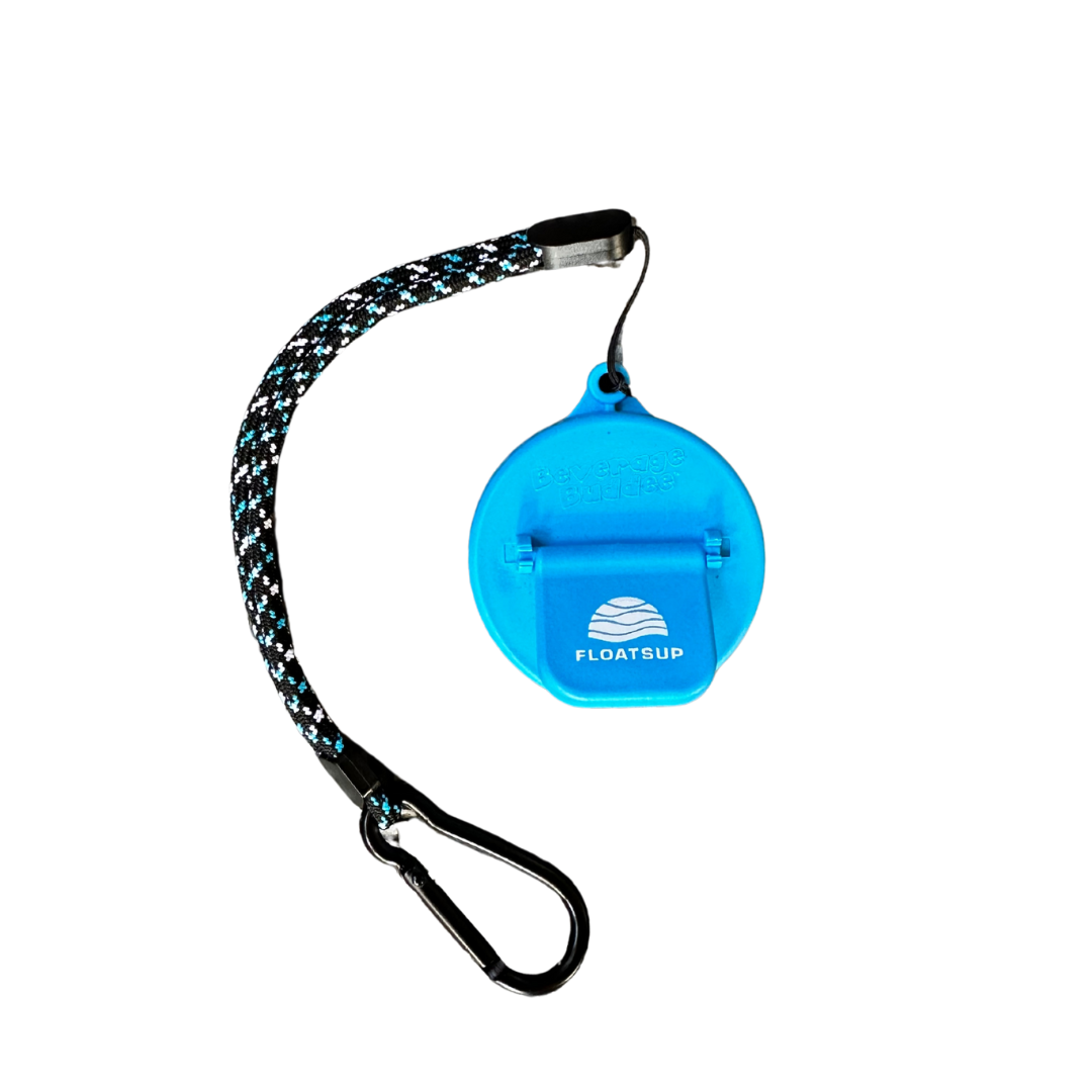 A bright blue lid with a braided black, blue, and white wrist strap with a black carabiner on the end in front of a white background. It has a closable drinking spout on the lid that has the 'Floatsup logo on top in white.