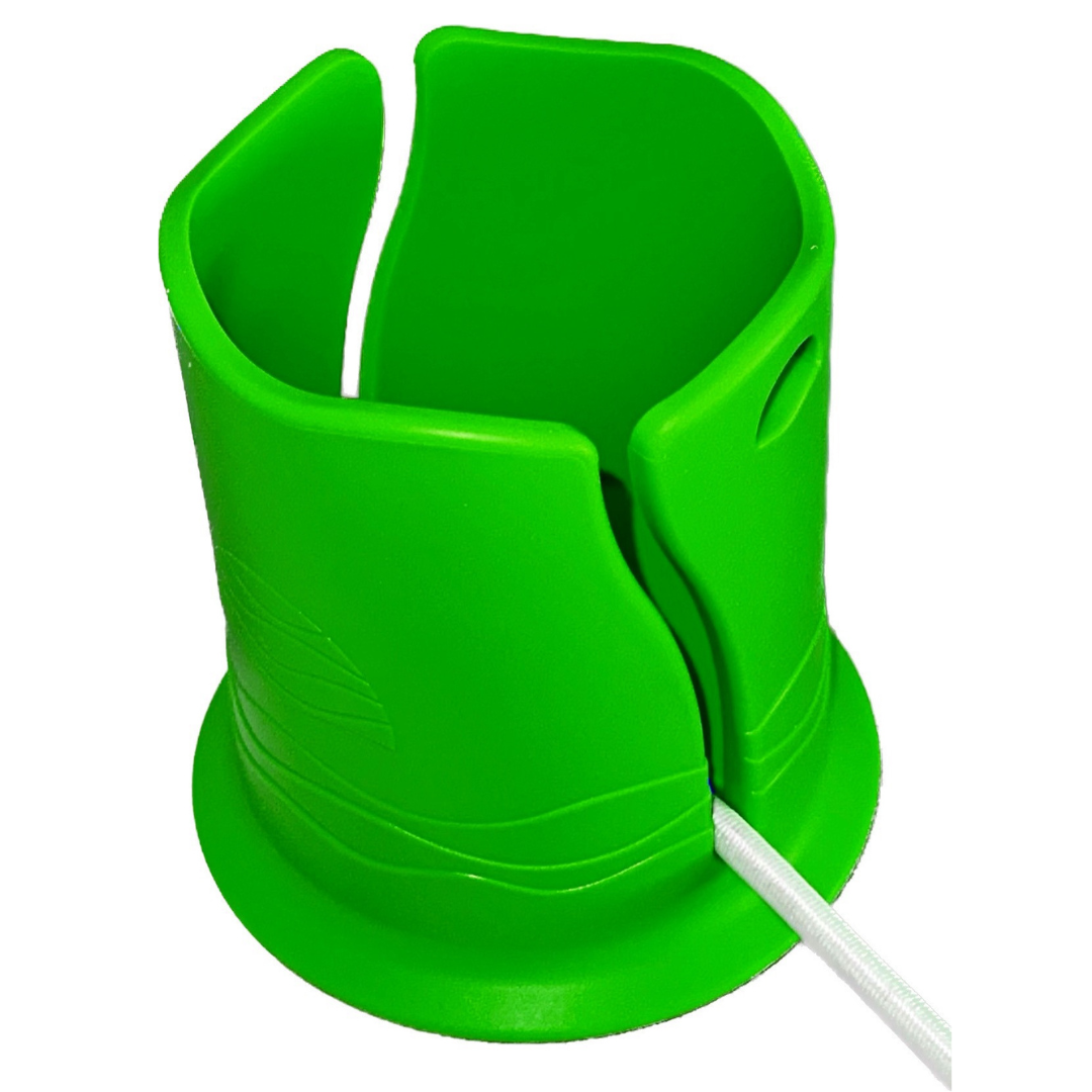 Bright green plastic cup holder in front of a white background. It has a groove in the side for attaching it to a paddleboard or boat, with a white bungee cord shown inside the groove.