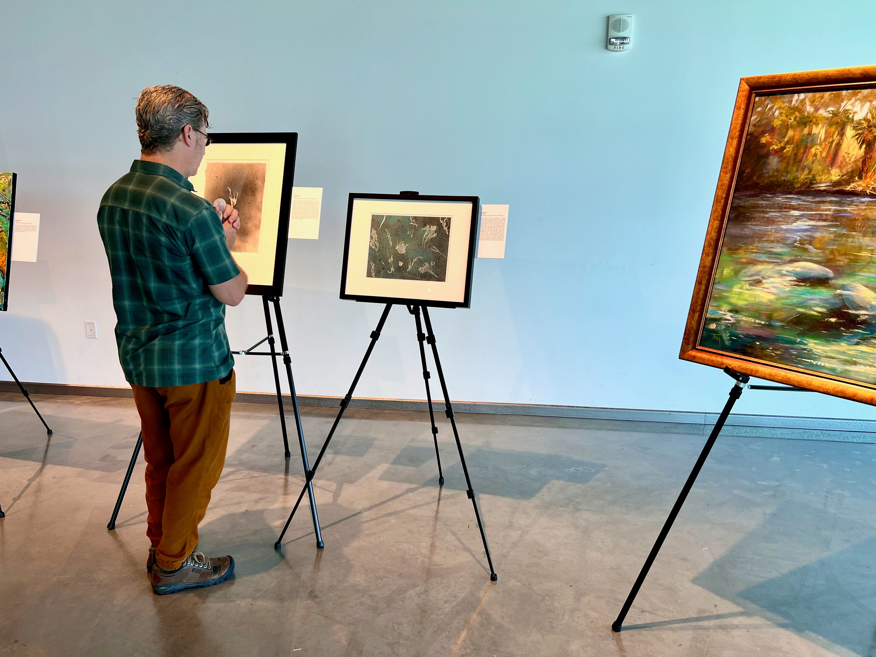 A man in a green plaid shirt and brown pants stands in an art gallery, looking at a framed abstract painting on a black easel. Other paintings on easels and a light blue gallery wall are visible in the background.