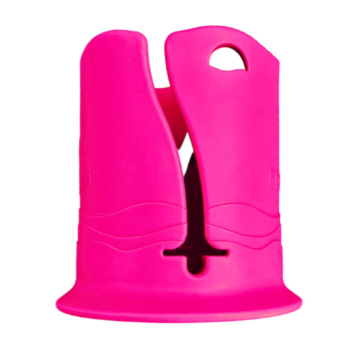 Large bright pink plastic cup holder in front of a white background. It has a groove in the side for attaching it to a paddleboard or boat.
