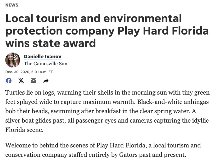 A screenshot of a news article headline reading 'Local tourism and environmental protection company Play Hard Florida wins state award' with body text about turtles and an anhingas in Clearwater Springs, dated Dec 30, 2020.