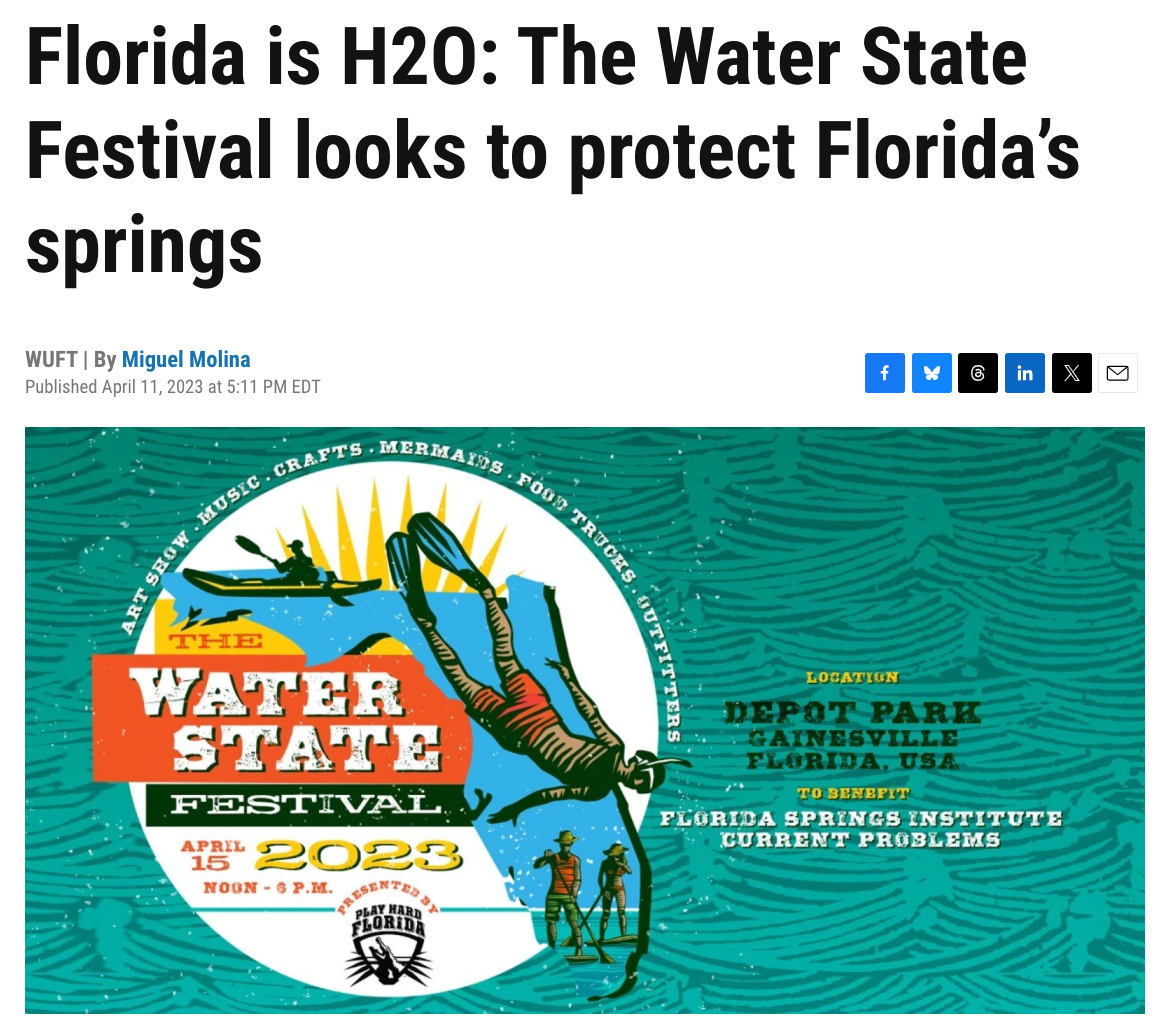 A screenshot of a news article header with the headline 'Florida is H2O: The Water State Festival looks to protect Florida's springs' above a colorful event poster for the 2023 Water State Festival in Gainesville, Florida.