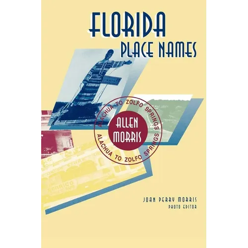 Book cover of 'Florida Place Names' by Allen Morris, featuring a pale yellow background with blue title text and geometric and colorful images of Florida locations.
