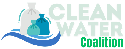 The logo for Clean Water Coalition, featuring a graphic of three blue and white trash bags with a blue wave underneath, with the brand name to the right in capitalized sans-serif text.