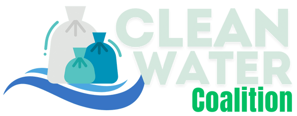The logo for Clean Water Coalition, featuring a graphic of three blue and white trash bags with a blue wave underneath, with the brand name to the right in capitalized sans-serif text.