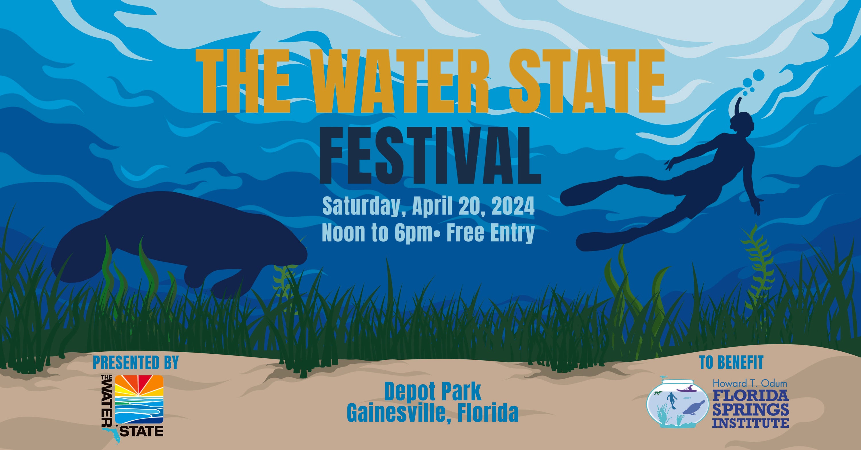 Promotional graphic for The Water State Festival, featuring an illustrated underwater scene with a manatee, a diver silhouette, grass, and a sandy seabed. Large text reads 'THE WATER STATE FESTIVAL' with event details below, including Saturday, April 20, 2024, noon to 6pm, free entry, and Depot Park Gainesville, Florida. Logos for The Water State and the Florida Springs Institute are displayed at the bottom.