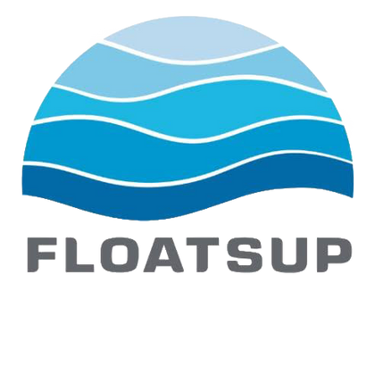 The logo for FLOATSUP, featuring a stylized blue wave semi-circle above the brand name in gray sans-serif text.