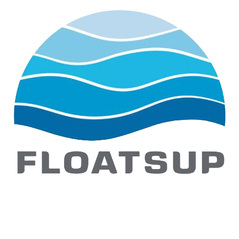 The logo for FLOATSUP, featuring a stylized blue wave semi-circle above the brand name in gray sans-serif text.
