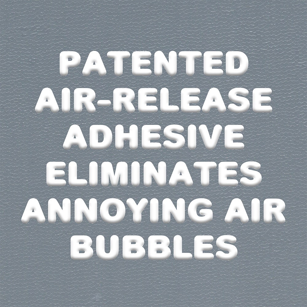 White text on a gray background that says 'Patented air-release adhesive eliminates annoying air bubbles'.