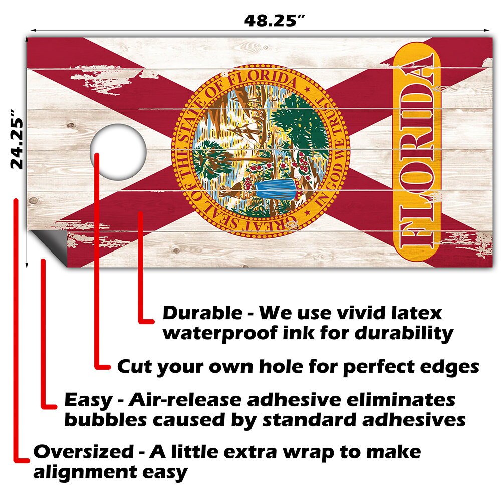 A Florida flag design for a cornhole board shown on a white background with dimensions and details: 48.25 inches tall, 24.25 inches wide, durable: we use vivid latex waterproof ink for durability, cut your own hole for perfect edges, easy: air-release adhesive eliminates bubbles caused by standard adhesives, oversized: a little extra wrap to make alignment easy.