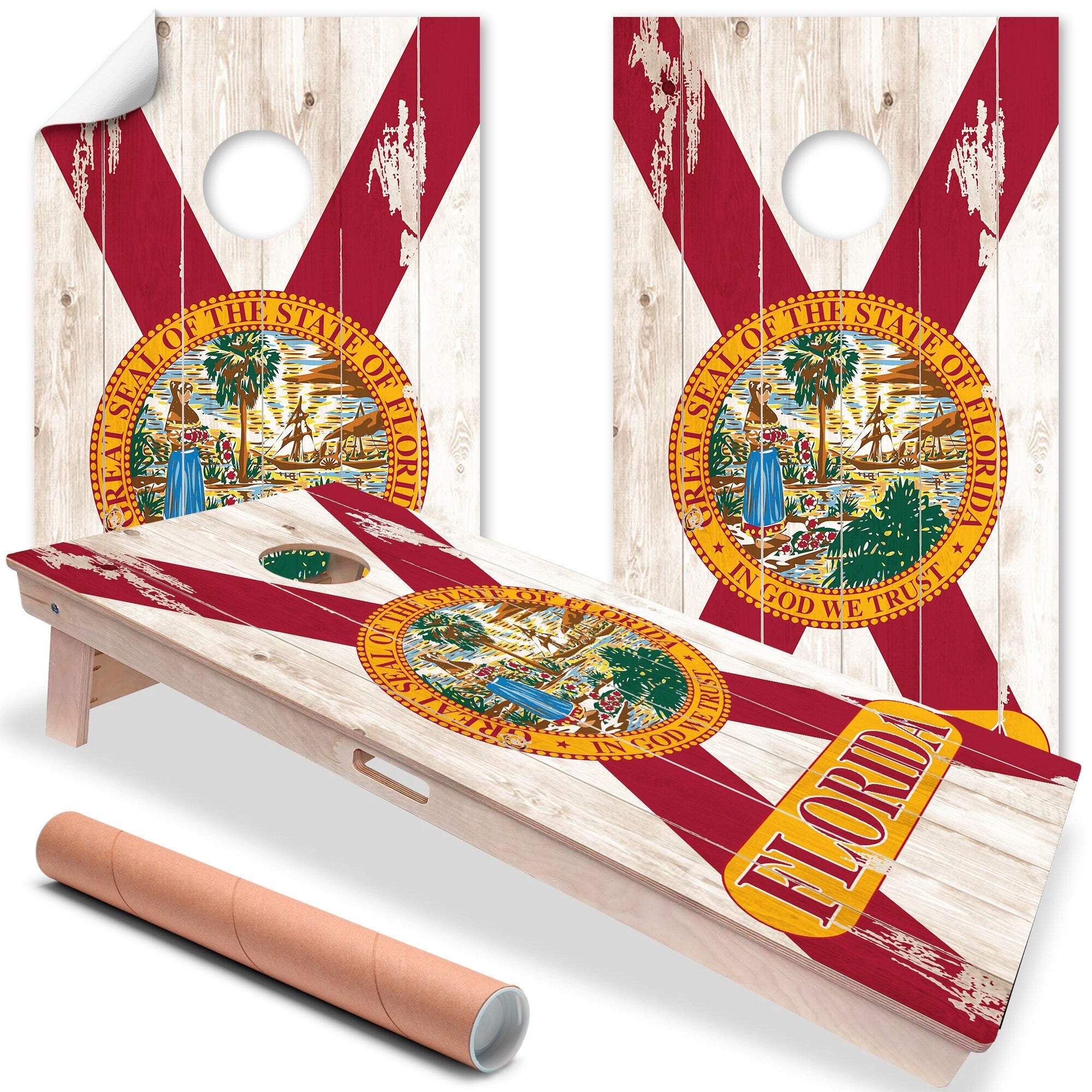 A cornhole board design with the Florida flag on it, shown on a white background. The Florida flag has a white background with a red 'X' on top, with a golden-bordered circle in the middle featuring an illustration of a woman by a shore with boats and a palm tree. The board design also says 'FLORIDA' in red and gold text.