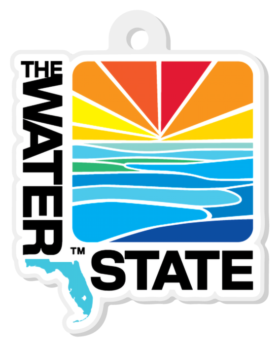 Keychain with the logo for 'The Water State'. It has a colorful abstract square design of a sunset over water and text bordering it that says "The Water State". There is also a turquoise silhouette of Florida in the bottom left corner.