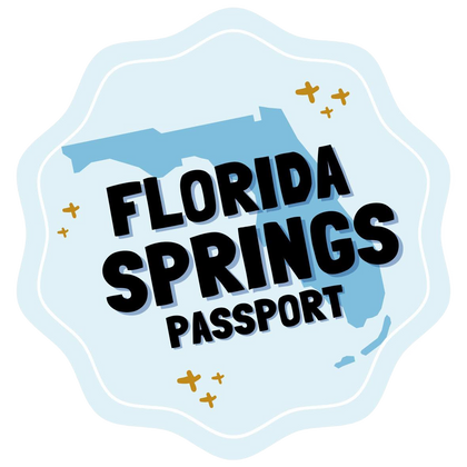 The logo for Florida Springs Passport, featuring a light blue circle with wavy edges, with a blue Florida silhouette inside with golden sparkles around it and the brand name on top in capitalized black text.