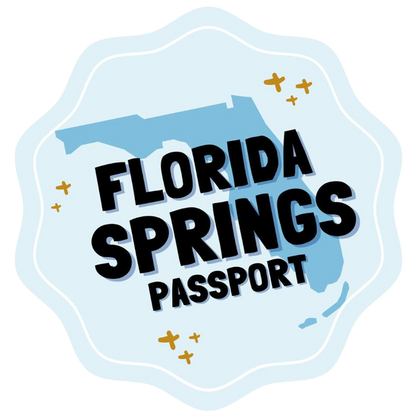 The logo for Florida Springs Passport, featuring a light blue circle with wavy edges, with a blue Florida silhouette inside with golden sparkles around it and the brand name on top in capitalized black text.