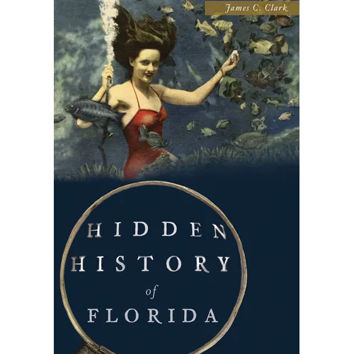 Book cover for 'Hidden History of Florida' by James C. Clark, featuring an illustration of a woman in a red one-piece swimsuit underwater surrounded by fish, with the title in large white letters on a dark blue lower section.